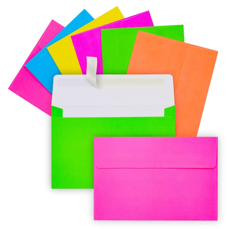 Paper Junkie باقة ورق جانكي 112 ظرف ملون نيون ساطع مع لاصق ذاتي، مجموعة كبيرة لدعوات 4x6، بطاقات تهنئة، عيد ميلاد، حفلة استقبال مولود (بطاقات وأظرف A6) - Image 1